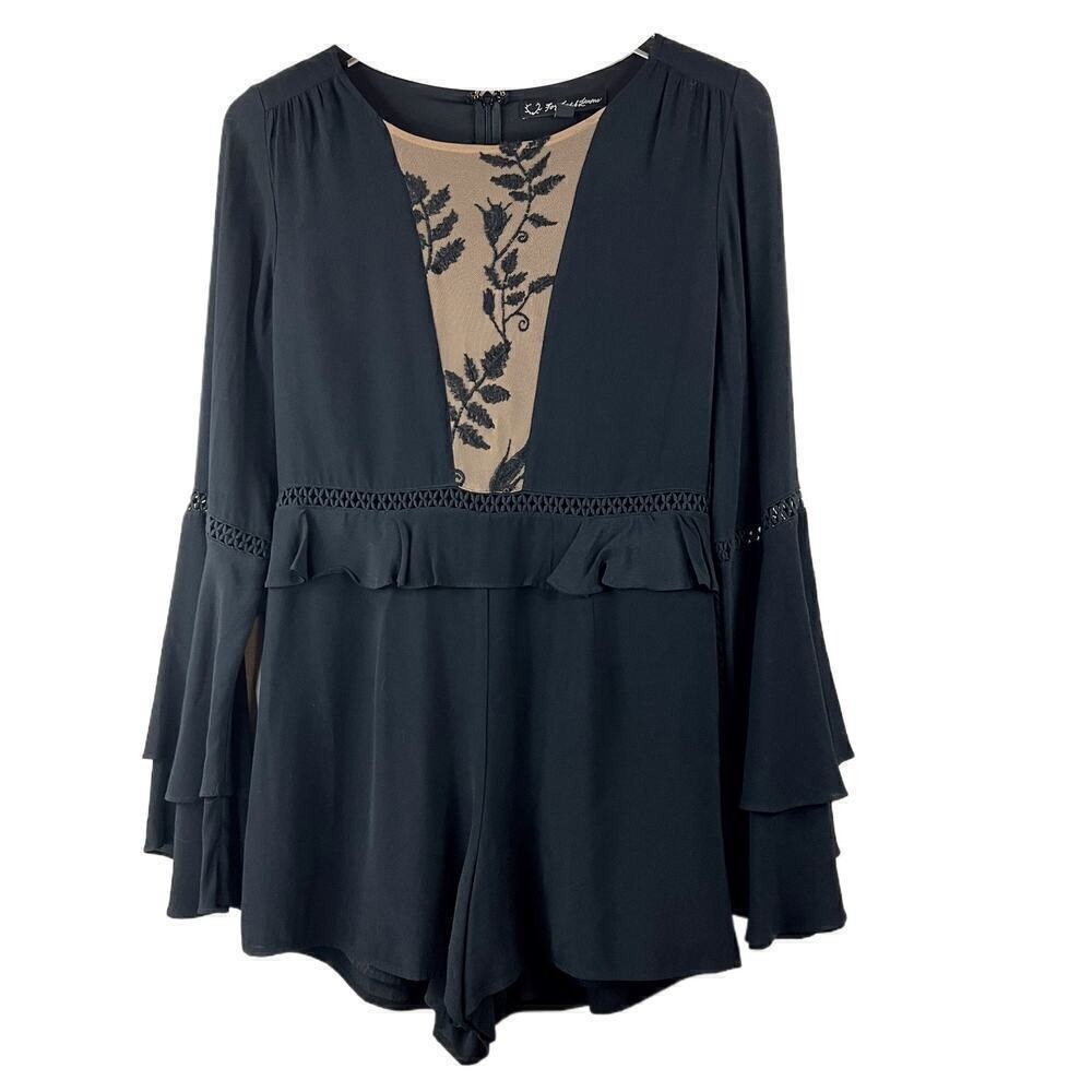 For Love and Lemons Black Emelia Romper Lace Size Medium‎ Long Bell Sleeve